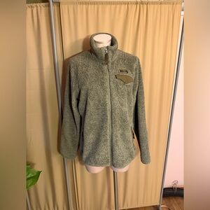 LL Bean women’s Hi-Pile Teddy Fleece Green Jacket full zip elbow patches